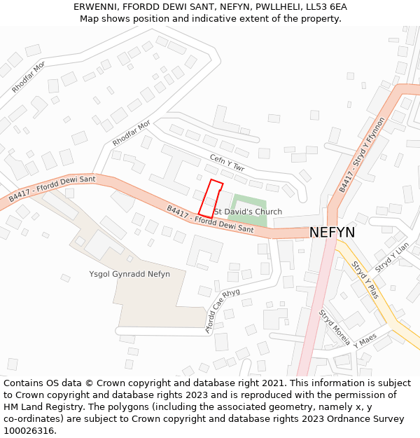 ERWENNI, FFORDD DEWI SANT, NEFYN, PWLLHELI, LL53 6EA: Location map and indicative extent of plot