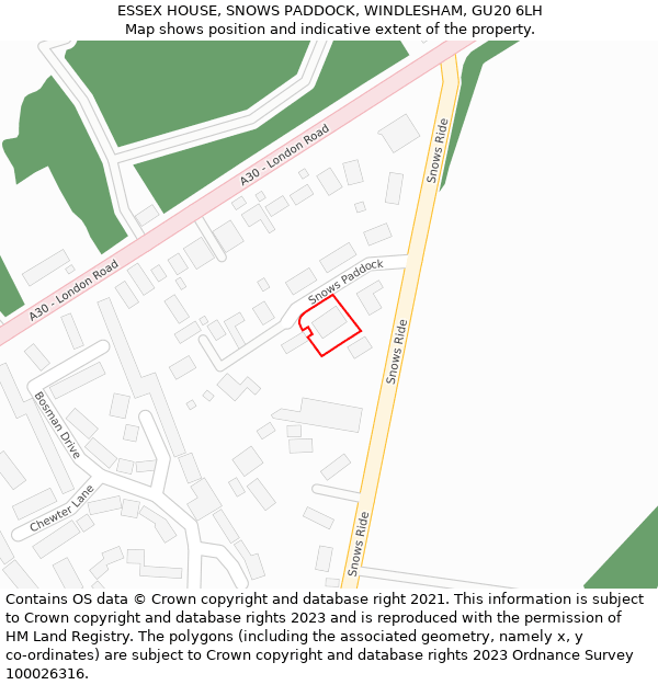 ESSEX HOUSE, SNOWS PADDOCK, WINDLESHAM, GU20 6LH: Location map and indicative extent of plot