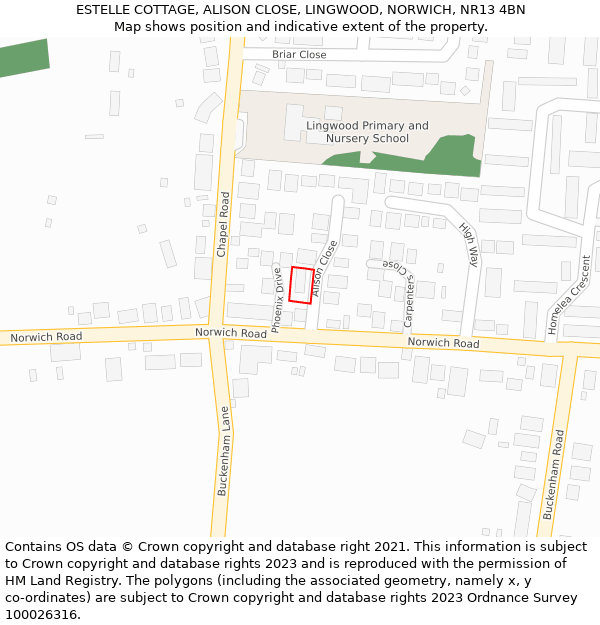 ESTELLE COTTAGE, ALISON CLOSE, LINGWOOD, NORWICH, NR13 4BN: Location map and indicative extent of plot