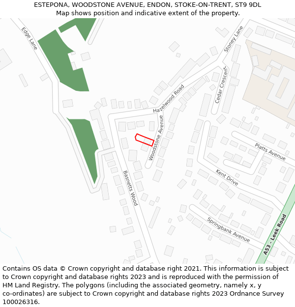 ESTEPONA, WOODSTONE AVENUE, ENDON, STOKE-ON-TRENT, ST9 9DL: Location map and indicative extent of plot