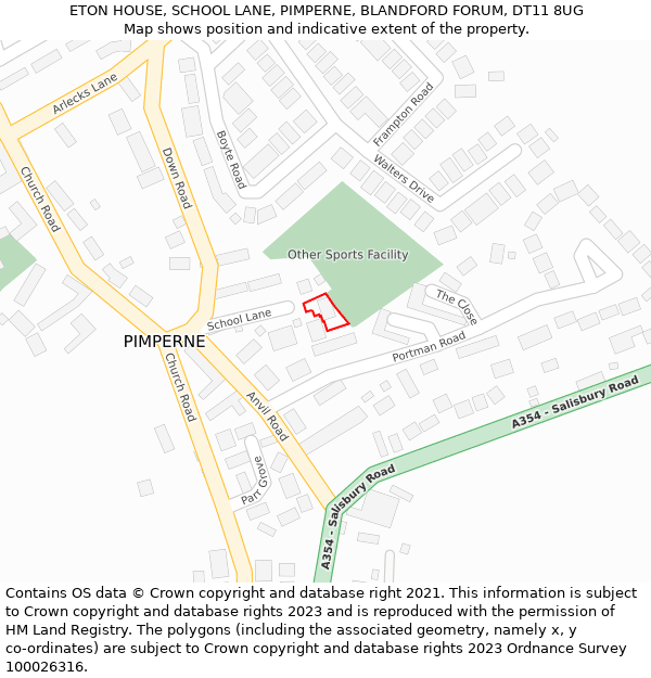 ETON HOUSE, SCHOOL LANE, PIMPERNE, BLANDFORD FORUM, DT11 8UG: Location map and indicative extent of plot