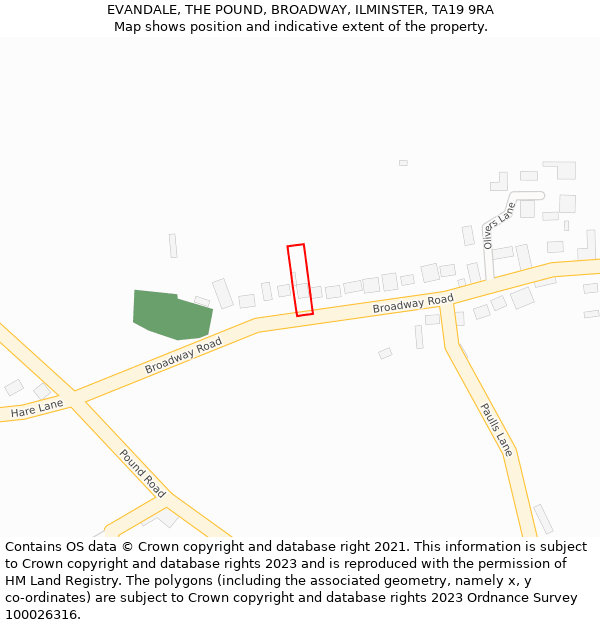 EVANDALE, THE POUND, BROADWAY, ILMINSTER, TA19 9RA: Location map and indicative extent of plot