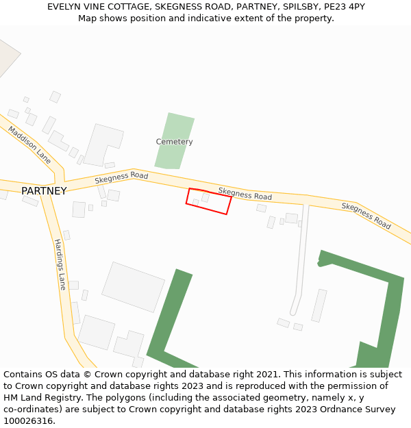 EVELYN VINE COTTAGE, SKEGNESS ROAD, PARTNEY, SPILSBY, PE23 4PY: Location map and indicative extent of plot