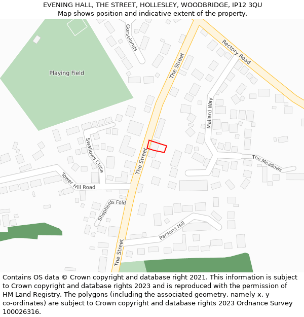 EVENING HALL, THE STREET, HOLLESLEY, WOODBRIDGE, IP12 3QU: Location map and indicative extent of plot