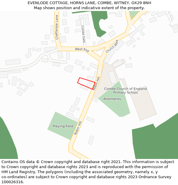 EVENLODE COTTAGE, HORNS LANE, COMBE, WITNEY, OX29 8NH: Location map and indicative extent of plot