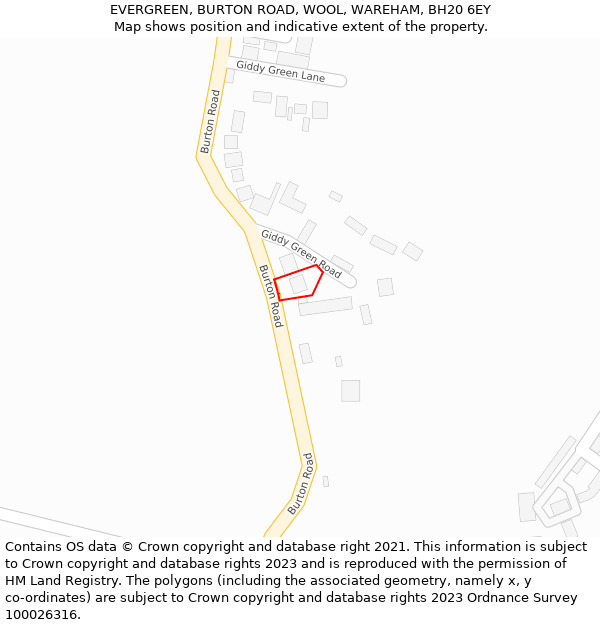 EVERGREEN, BURTON ROAD, WOOL, WAREHAM, BH20 6EY: Location map and indicative extent of plot