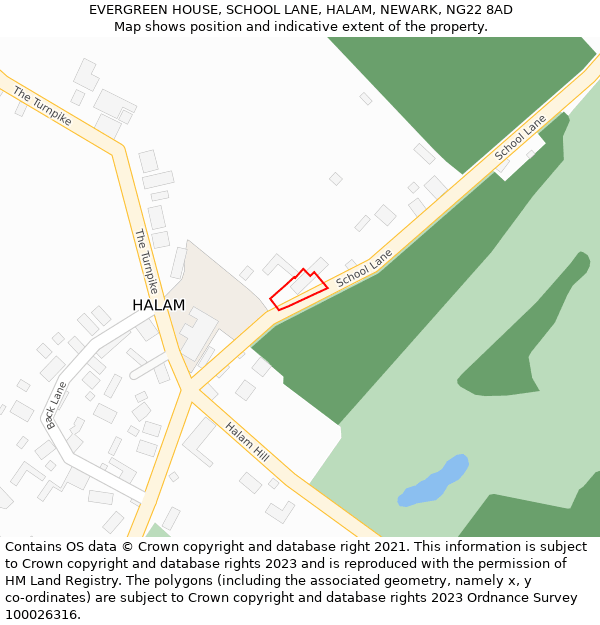 EVERGREEN HOUSE, SCHOOL LANE, HALAM, NEWARK, NG22 8AD: Location map and indicative extent of plot