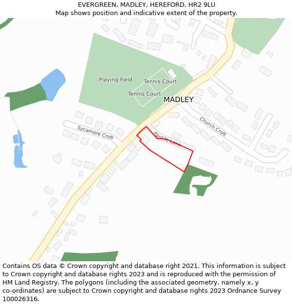 EVERGREEN, MADLEY, HEREFORD, HR2 9LU: Location map and indicative extent of plot