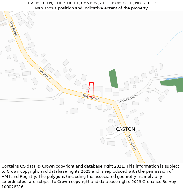 EVERGREEN, THE STREET, CASTON, ATTLEBOROUGH, NR17 1DD: Location map and indicative extent of plot