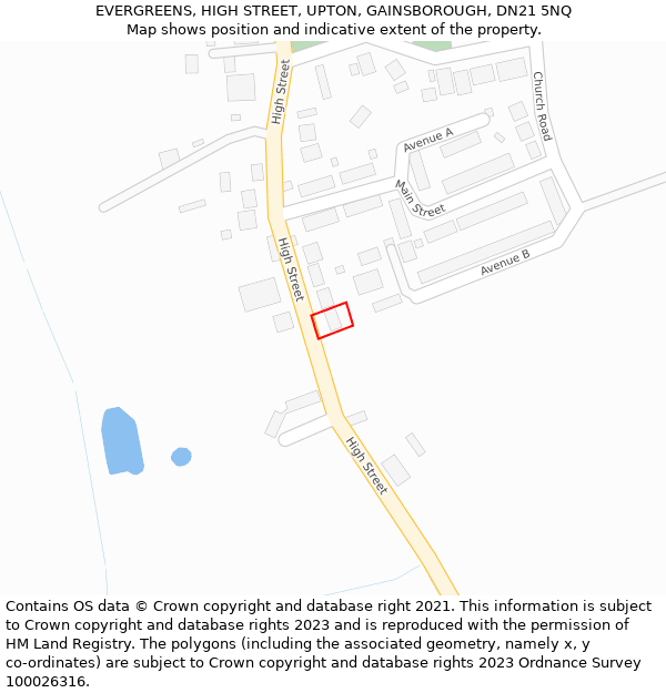EVERGREENS, HIGH STREET, UPTON, GAINSBOROUGH, DN21 5NQ: Location map and indicative extent of plot