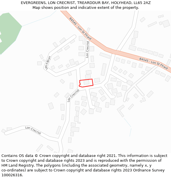 EVERGREENS, LON CRECRIST, TREARDDUR BAY, HOLYHEAD, LL65 2AZ: Location map and indicative extent of plot