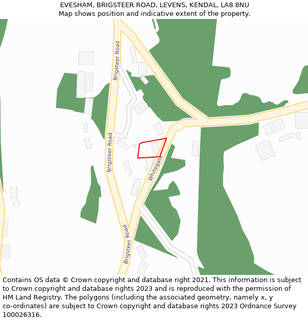 EVESHAM, BRIGSTEER ROAD, LEVENS, KENDAL, LA8 8NU: Location map and indicative extent of plot