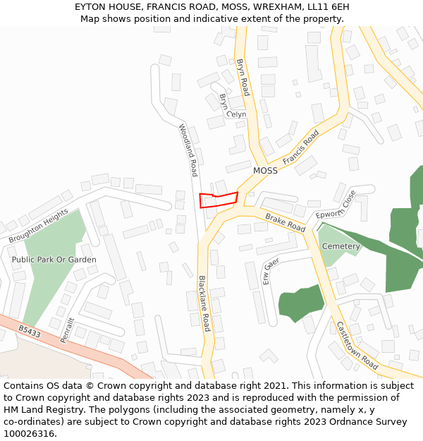 EYTON HOUSE, FRANCIS ROAD, MOSS, WREXHAM, LL11 6EH: Location map and indicative extent of plot