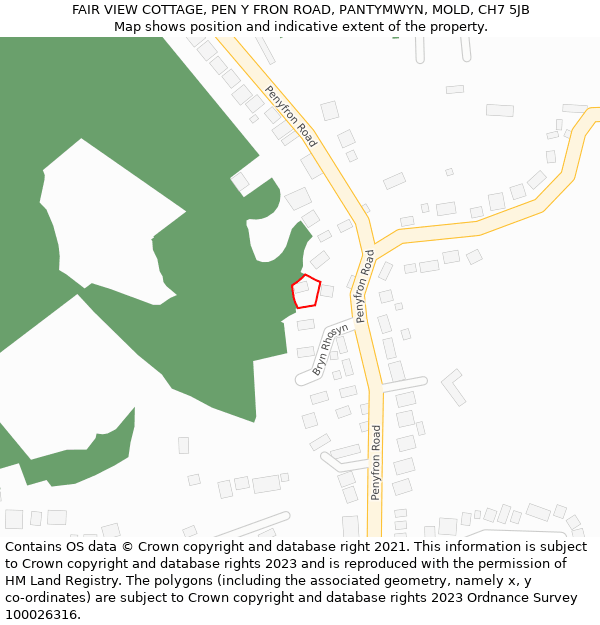 FAIR VIEW COTTAGE, PEN Y FRON ROAD, PANTYMWYN, MOLD, CH7 5JB: Location map and indicative extent of plot