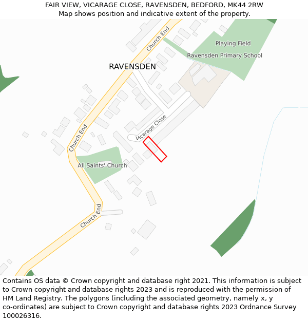 FAIR VIEW, VICARAGE CLOSE, RAVENSDEN, BEDFORD, MK44 2RW: Location map and indicative extent of plot