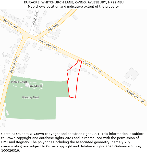 FAIRACRE, WHITCHURCH LANE, OVING, AYLESBURY, HP22 4EU: Location map and indicative extent of plot