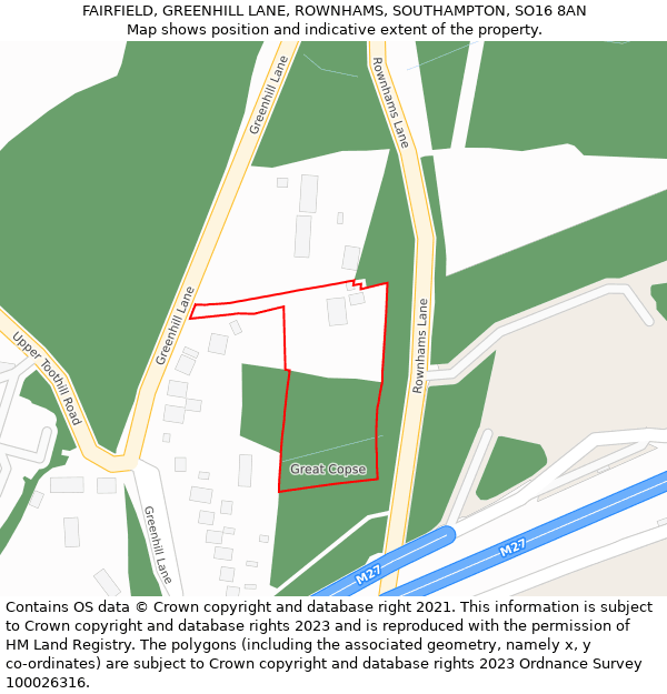 FAIRFIELD, GREENHILL LANE, ROWNHAMS, SOUTHAMPTON, SO16 8AN: Location map and indicative extent of plot