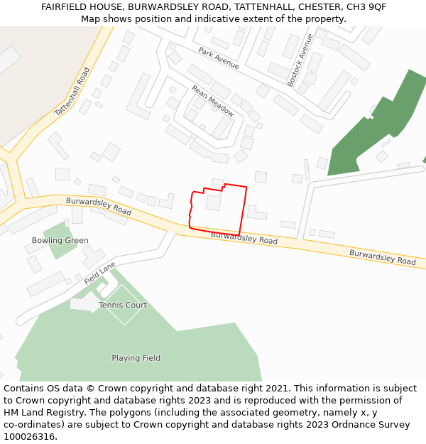 FAIRFIELD HOUSE, BURWARDSLEY ROAD, TATTENHALL, CHESTER, CH3 9QF: Location map and indicative extent of plot