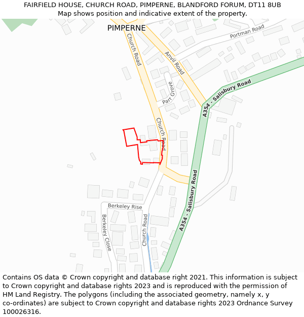 FAIRFIELD HOUSE, CHURCH ROAD, PIMPERNE, BLANDFORD FORUM, DT11 8UB: Location map and indicative extent of plot