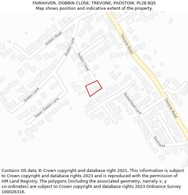 FAIRHAVEN, DOBBIN CLOSE, TREVONE, PADSTOW, PL28 8QS: Location map and indicative extent of plot