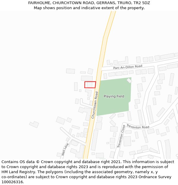 FAIRHOLME, CHURCHTOWN ROAD, GERRANS, TRURO, TR2 5DZ: Location map and indicative extent of plot