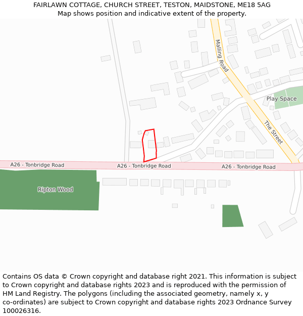 FAIRLAWN COTTAGE, CHURCH STREET, TESTON, MAIDSTONE, ME18 5AG: Location map and indicative extent of plot