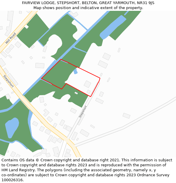 FAIRVIEW LODGE, STEPSHORT, BELTON, GREAT YARMOUTH, NR31 9JS: Location map and indicative extent of plot