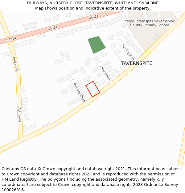 FAIRWAYS, NURSERY CLOSE, TAVERNSPITE, WHITLAND, SA34 0NE: Location map and indicative extent of plot