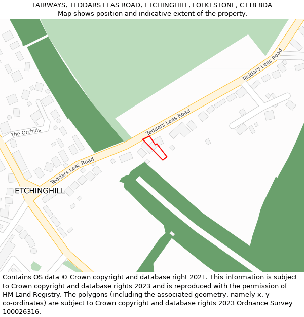 FAIRWAYS, TEDDARS LEAS ROAD, ETCHINGHILL, FOLKESTONE, CT18 8DA: Location map and indicative extent of plot