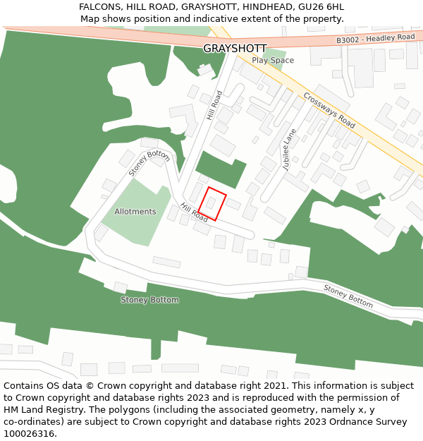 FALCONS, HILL ROAD, GRAYSHOTT, HINDHEAD, GU26 6HL: Location map and indicative extent of plot