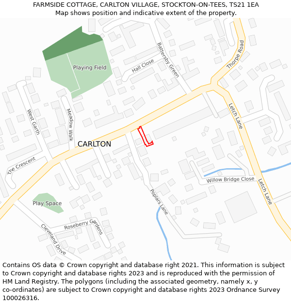 FARMSIDE COTTAGE, CARLTON VILLAGE, STOCKTON-ON-TEES, TS21 1EA: Location map and indicative extent of plot