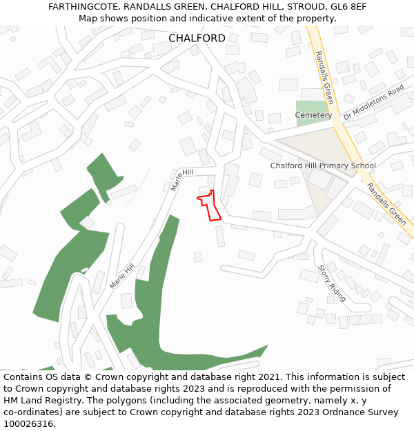 FARTHINGCOTE, RANDALLS GREEN, CHALFORD HILL, STROUD, GL6 8EF: Location map and indicative extent of plot