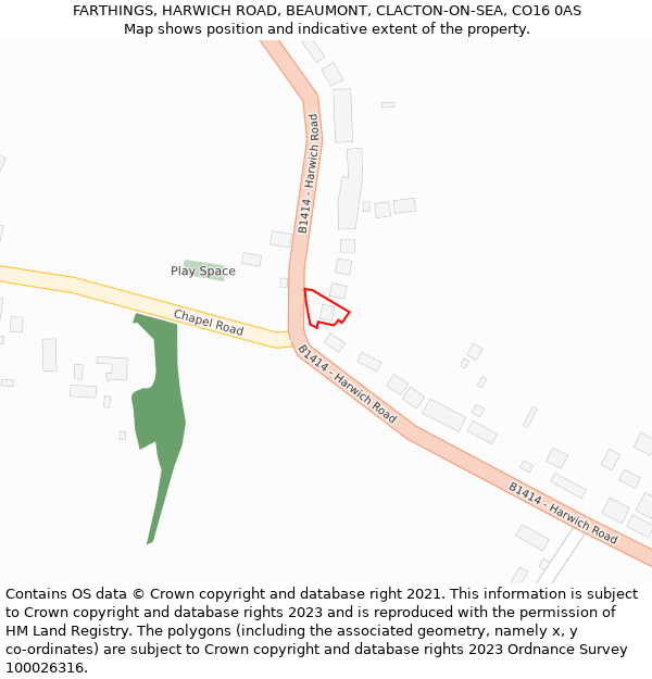 FARTHINGS, HARWICH ROAD, BEAUMONT, CLACTON-ON-SEA, CO16 0AS: Location map and indicative extent of plot