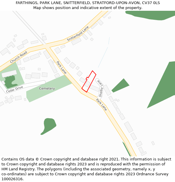 FARTHINGS, PARK LANE, SNITTERFIELD, STRATFORD-UPON-AVON, CV37 0LS: Location map and indicative extent of plot