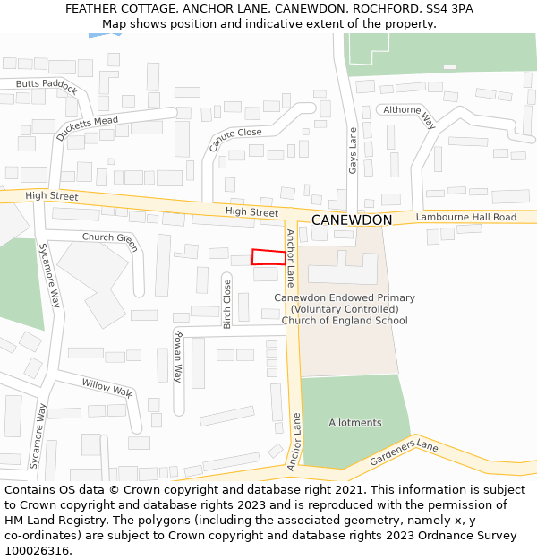 FEATHER COTTAGE, ANCHOR LANE, CANEWDON, ROCHFORD, SS4 3PA: Location map and indicative extent of plot