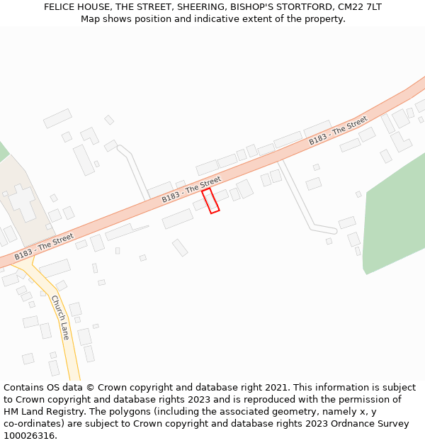 FELICE HOUSE, THE STREET, SHEERING, BISHOP'S STORTFORD, CM22 7LT: Location map and indicative extent of plot