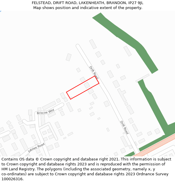 FELSTEAD, DRIFT ROAD, LAKENHEATH, BRANDON, IP27 9JL: Location map and indicative extent of plot
