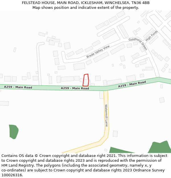 FELSTEAD HOUSE, MAIN ROAD, ICKLESHAM, WINCHELSEA, TN36 4BB: Location map and indicative extent of plot