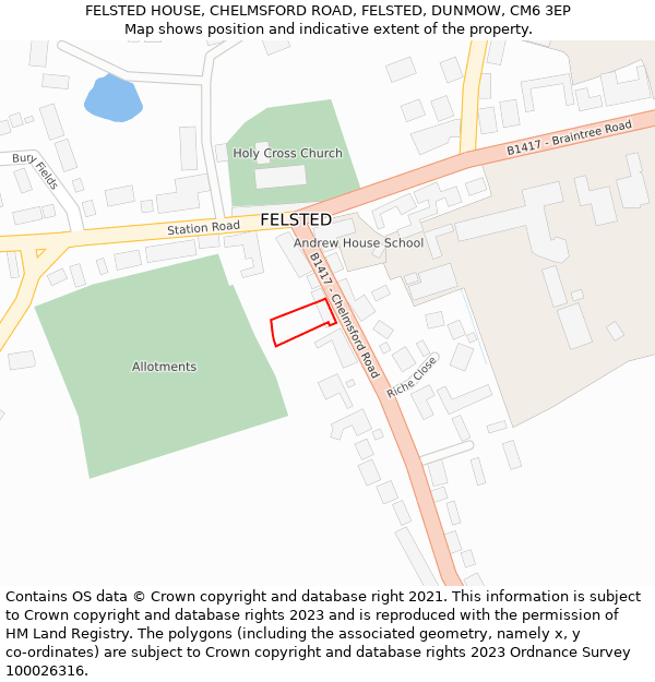 FELSTED HOUSE, CHELMSFORD ROAD, FELSTED, DUNMOW, CM6 3EP: Location map and indicative extent of plot
