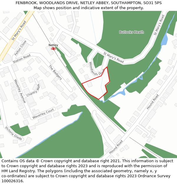 FENBROOK, WOODLANDS DRIVE, NETLEY ABBEY, SOUTHAMPTON, SO31 5PS: Location map and indicative extent of plot