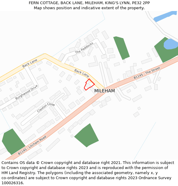 FERN COTTAGE, BACK LANE, MILEHAM, KING'S LYNN, PE32 2PP: Location map and indicative extent of plot