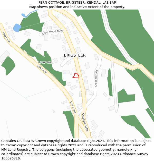 FERN COTTAGE, BRIGSTEER, KENDAL, LA8 8AP: Location map and indicative extent of plot