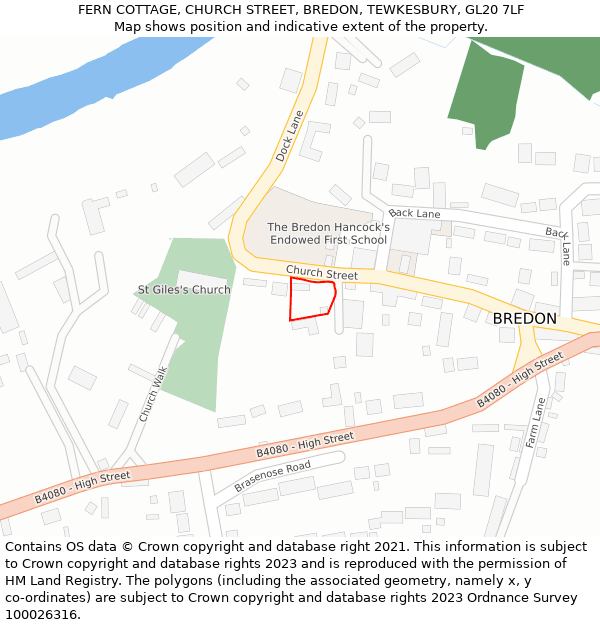 FERN COTTAGE, CHURCH STREET, BREDON, TEWKESBURY, GL20 7LF: Location map and indicative extent of plot