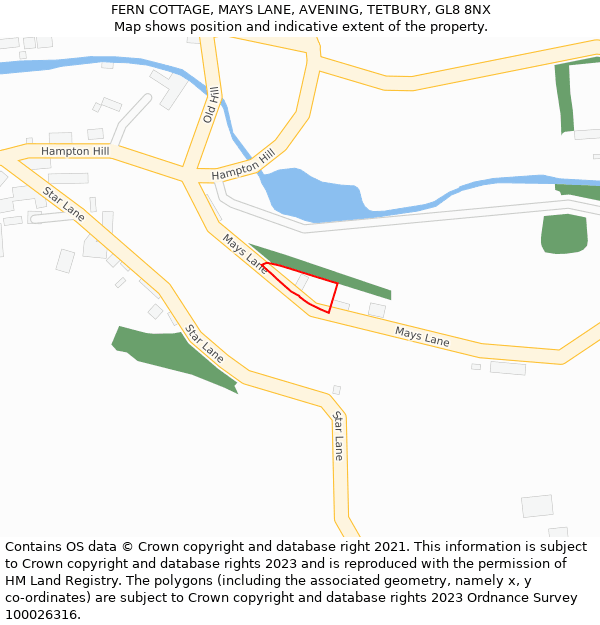 FERN COTTAGE, MAYS LANE, AVENING, TETBURY, GL8 8NX: Location map and indicative extent of plot