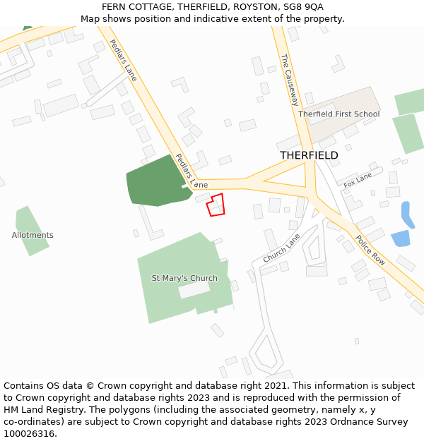 FERN COTTAGE, THERFIELD, ROYSTON, SG8 9QA: Location map and indicative extent of plot