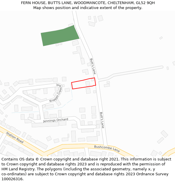 FERN HOUSE, BUTTS LANE, WOODMANCOTE, CHELTENHAM, GL52 9QH: Location map and indicative extent of plot