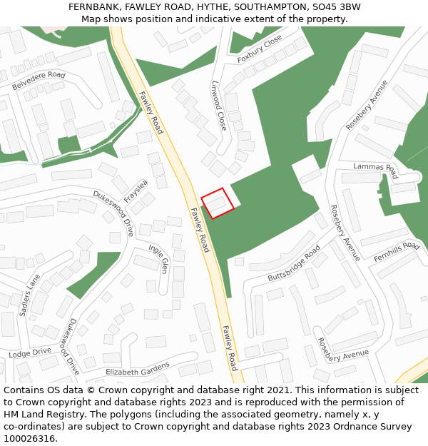 FERNBANK, FAWLEY ROAD, HYTHE, SOUTHAMPTON, SO45 3BW: Location map and indicative extent of plot