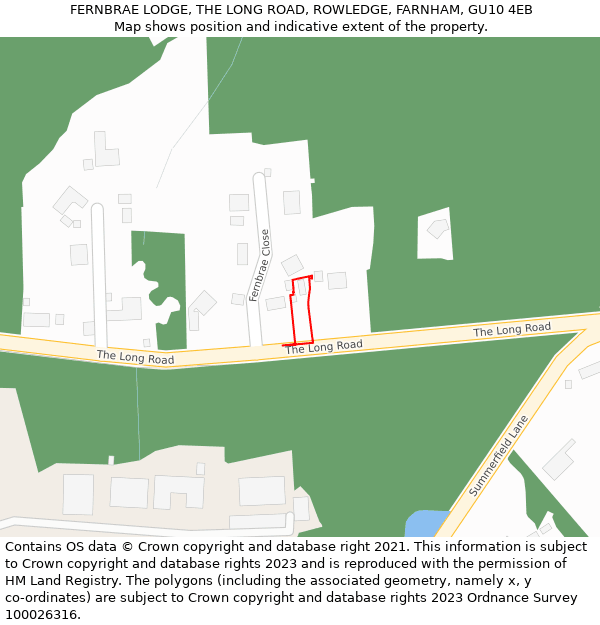 FERNBRAE LODGE, THE LONG ROAD, ROWLEDGE, FARNHAM, GU10 4EB: Location map and indicative extent of plot