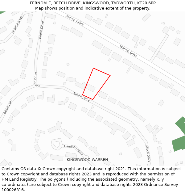 FERNDALE, BEECH DRIVE, KINGSWOOD, TADWORTH, KT20 6PP: Location map and indicative extent of plot