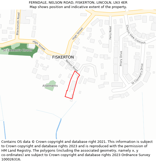 FERNDALE, NELSON ROAD, FISKERTON, LINCOLN, LN3 4ER: Location map and indicative extent of plot